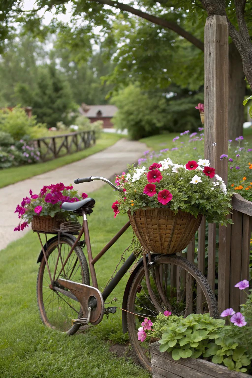 Add nostalgia with a bicycle planter filled with petunias.