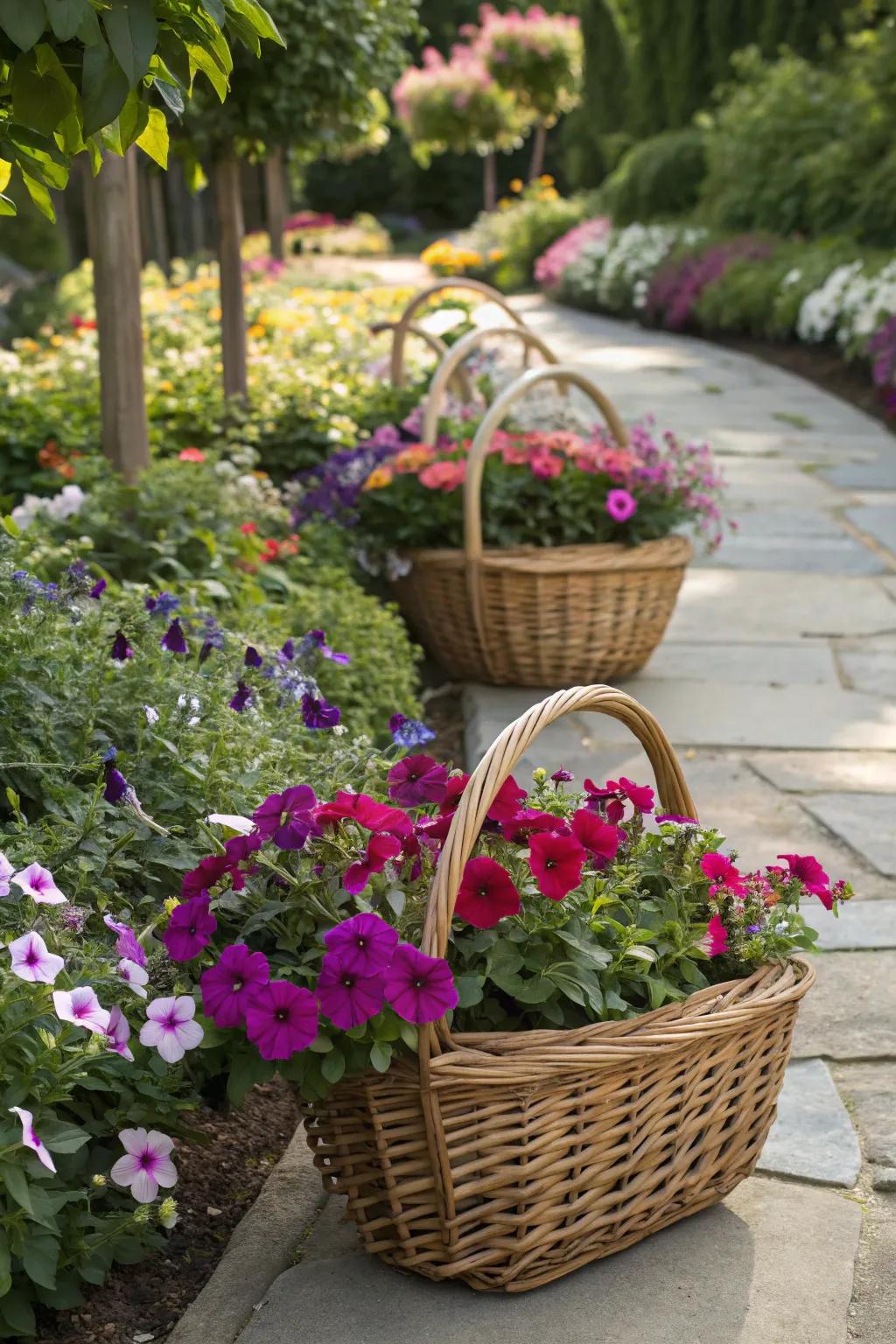 Create portable charm with basket planters for petunias.