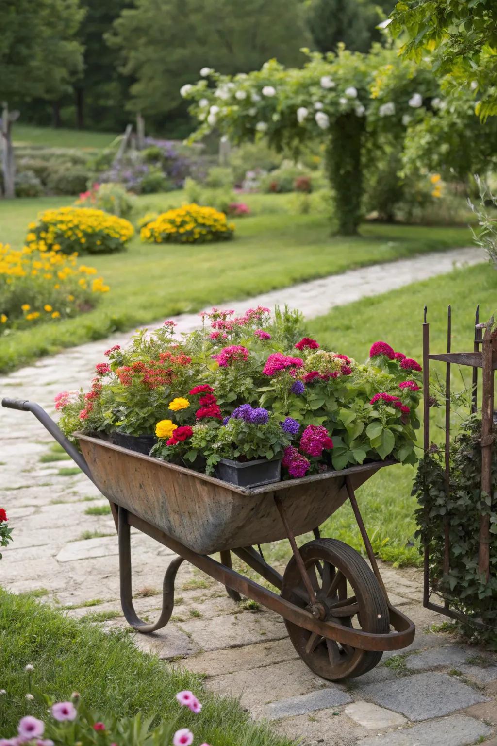 Repurpose a wheelbarrow for a rustic petunia planter.