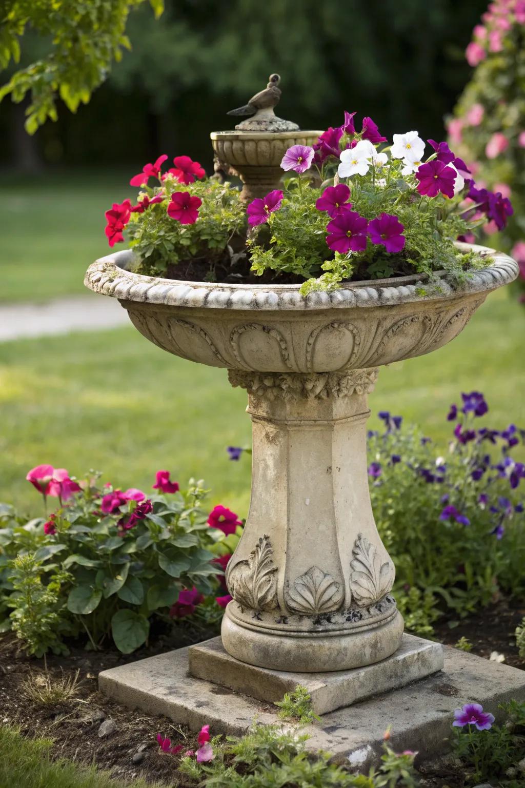 Repurpose a birdbath for an elegant petunia display.