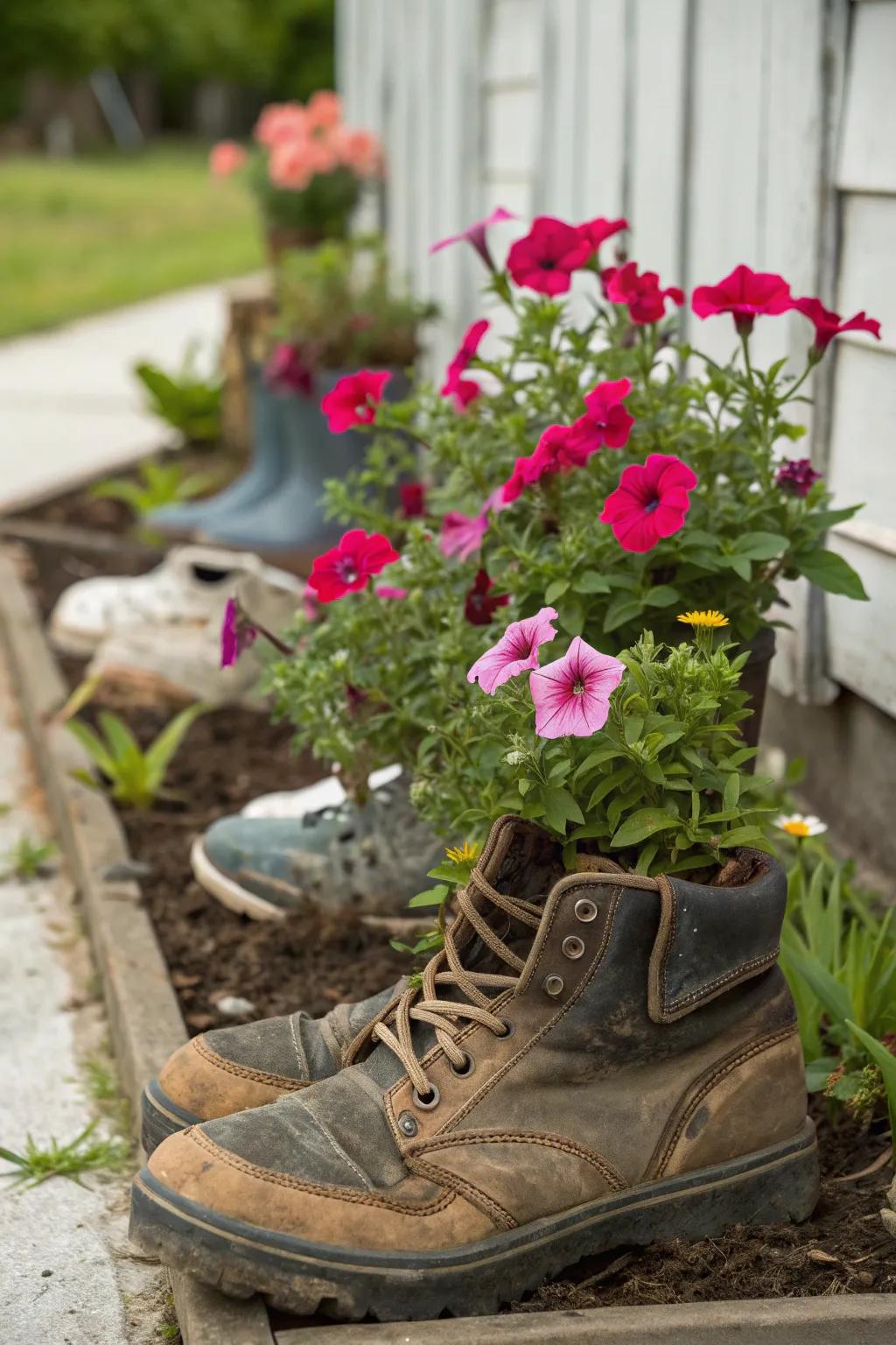 Add a playful touch with shoe planters filled with petunias.