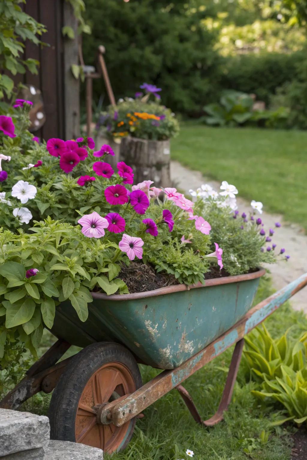 Add rustic charm with a wheelbarrow planter full of petunias.