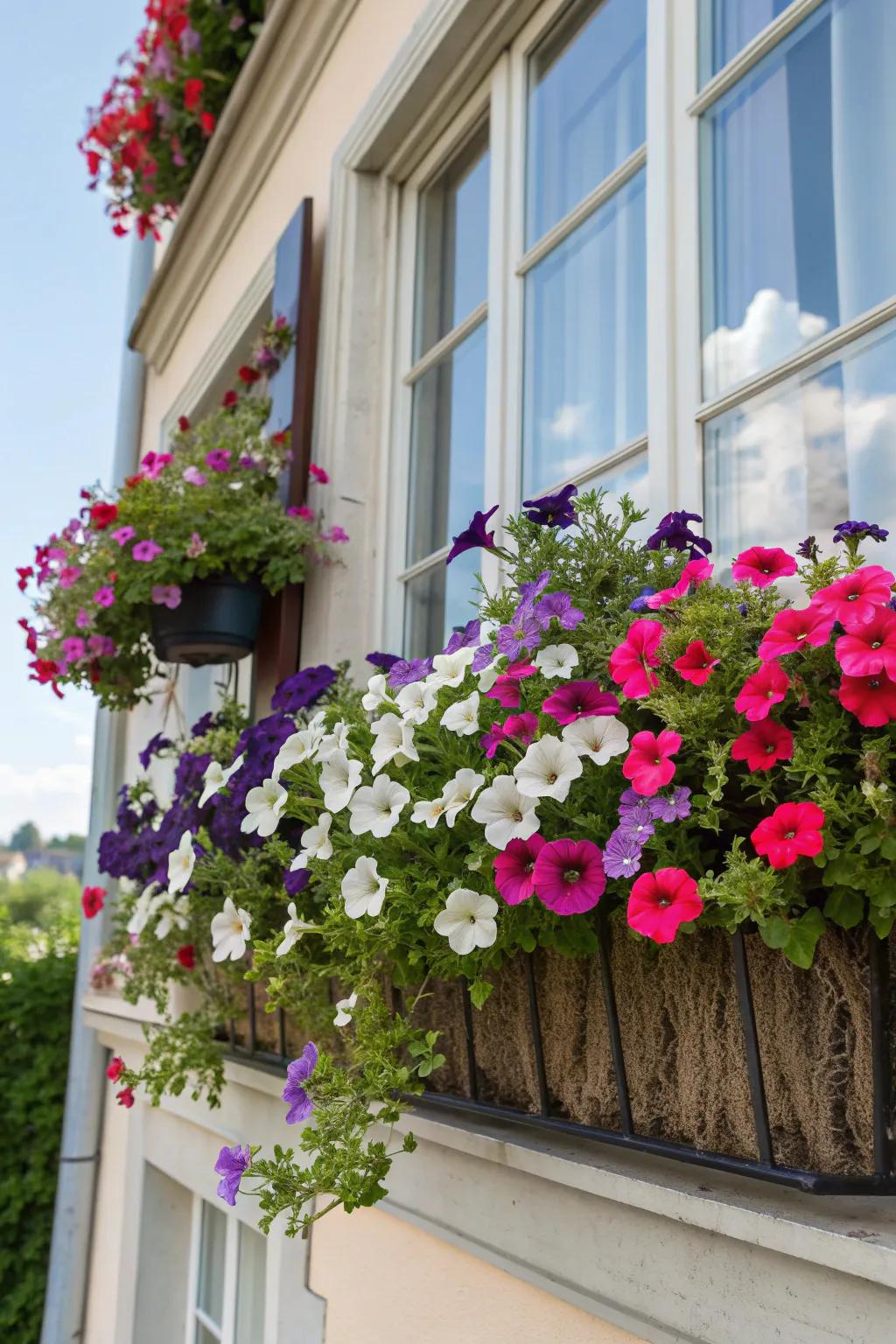 Brighten up windows with colorful petunia boxes.
