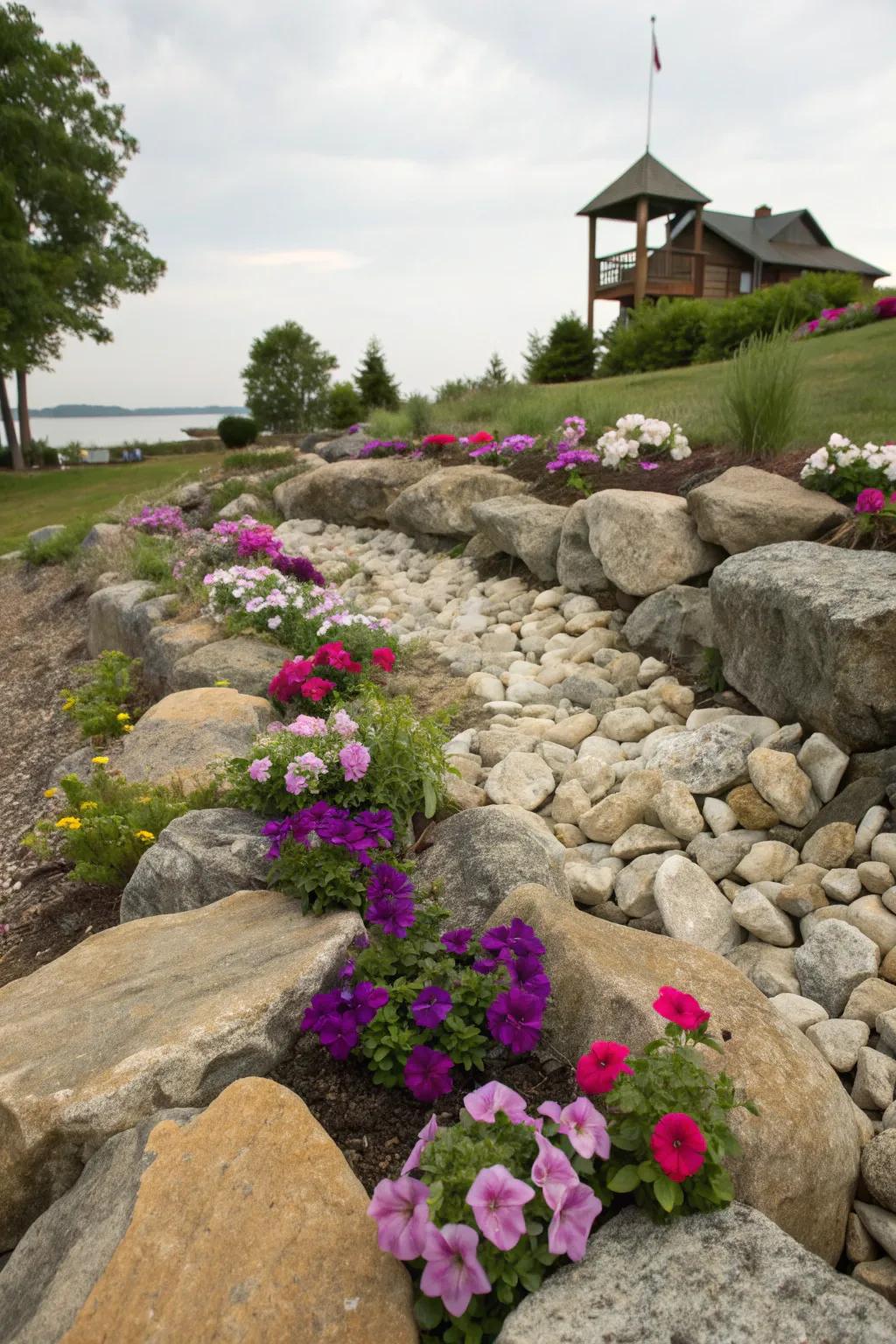 Blend petunias into a natural rock garden setting.