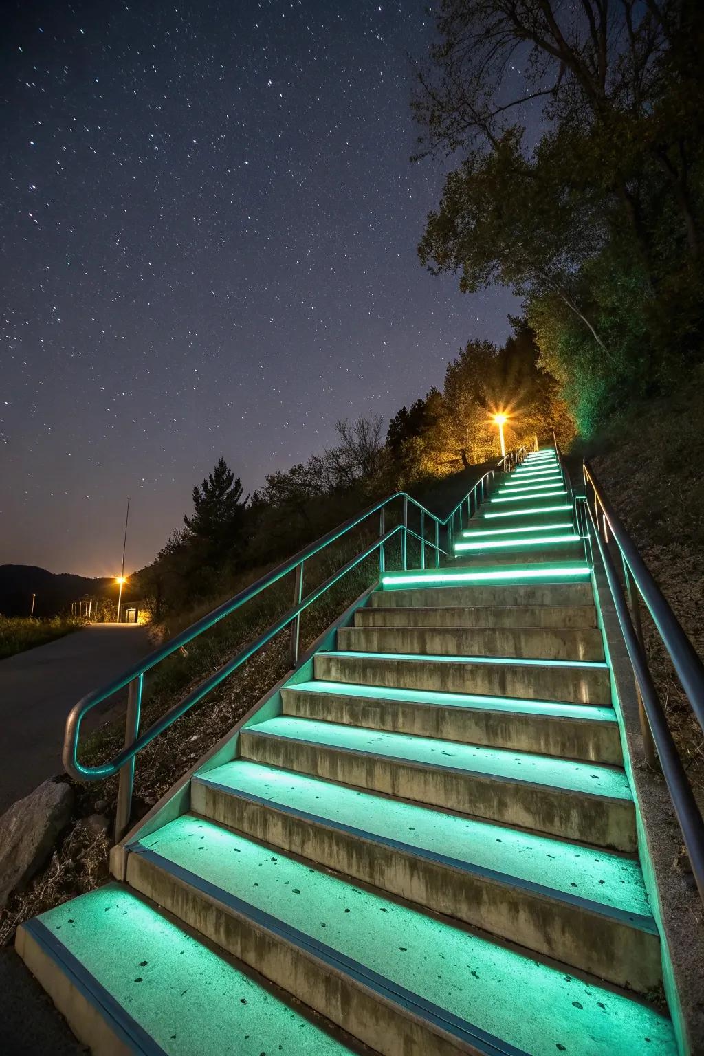 Innovative glow in the dark paint on outdoor stairs, providing a unique and eco-friendly glow.