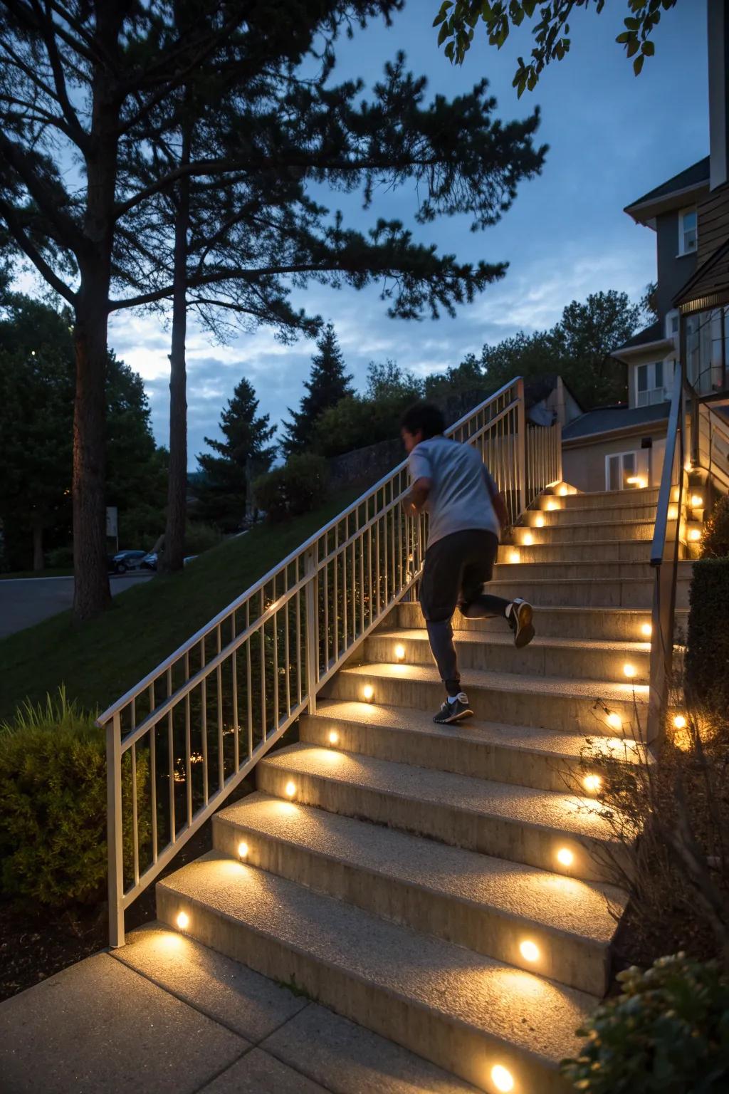 Energy-efficient motion sensor lights for outdoor stairs, saving power while enhancing security.