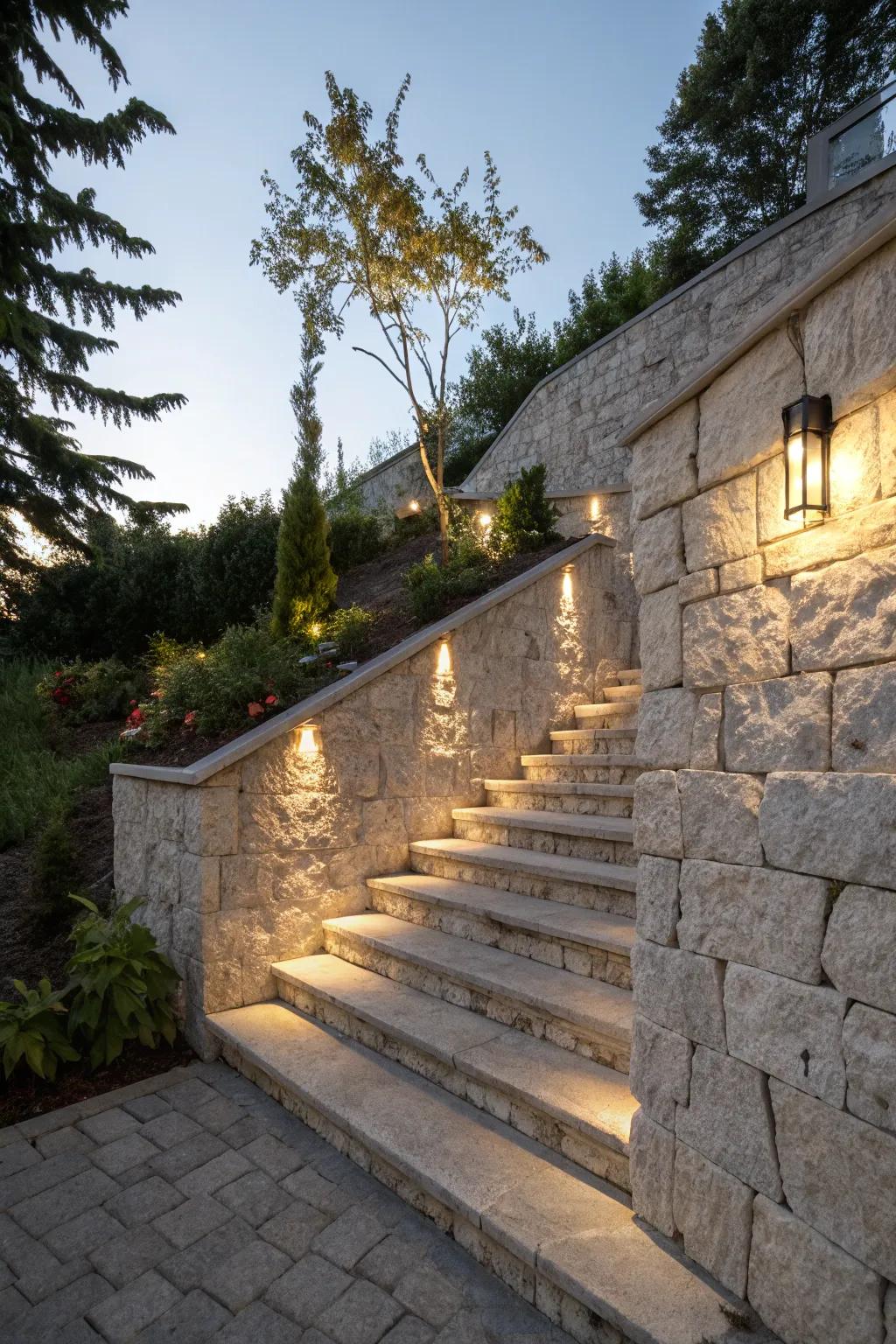Stone wall with integrated lighting, creating an elegant and textured stairway.