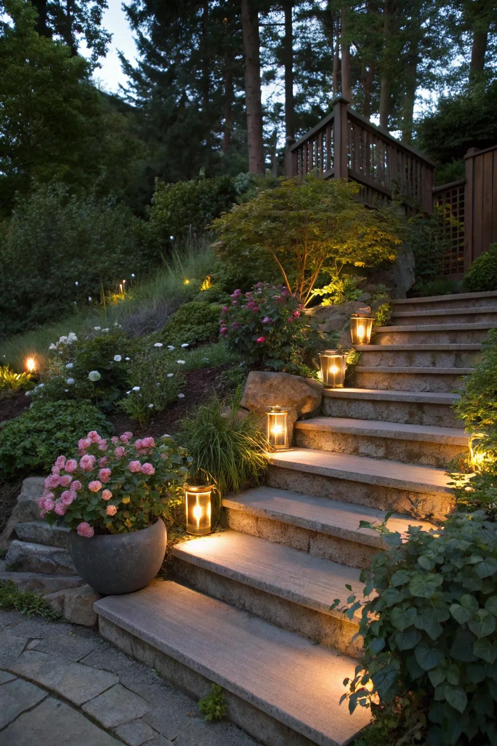 Hidden lights in planters along stairs, blending nature with illumination.