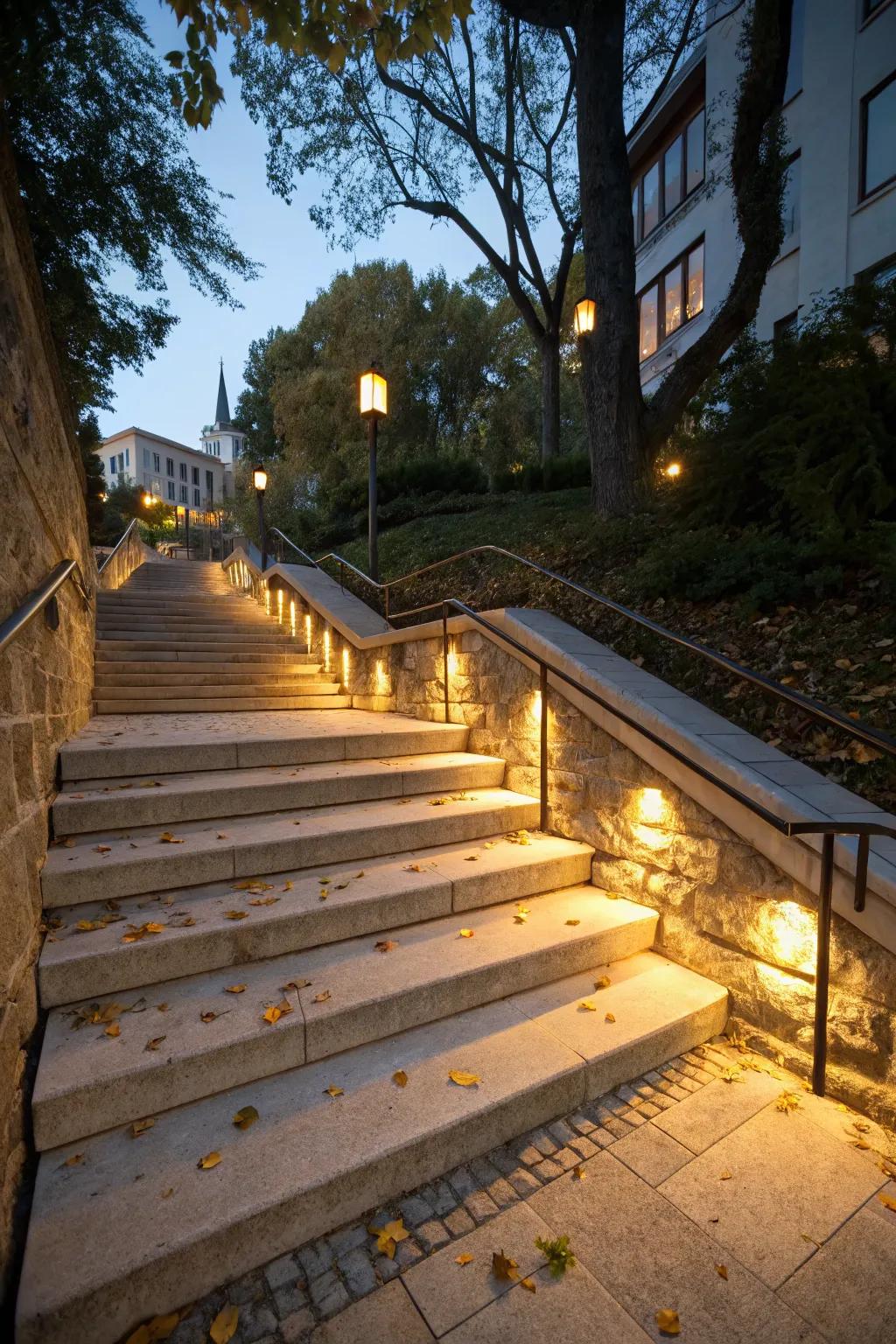Outdoor stairs with ambient lighting for a warm and inviting ambiance.