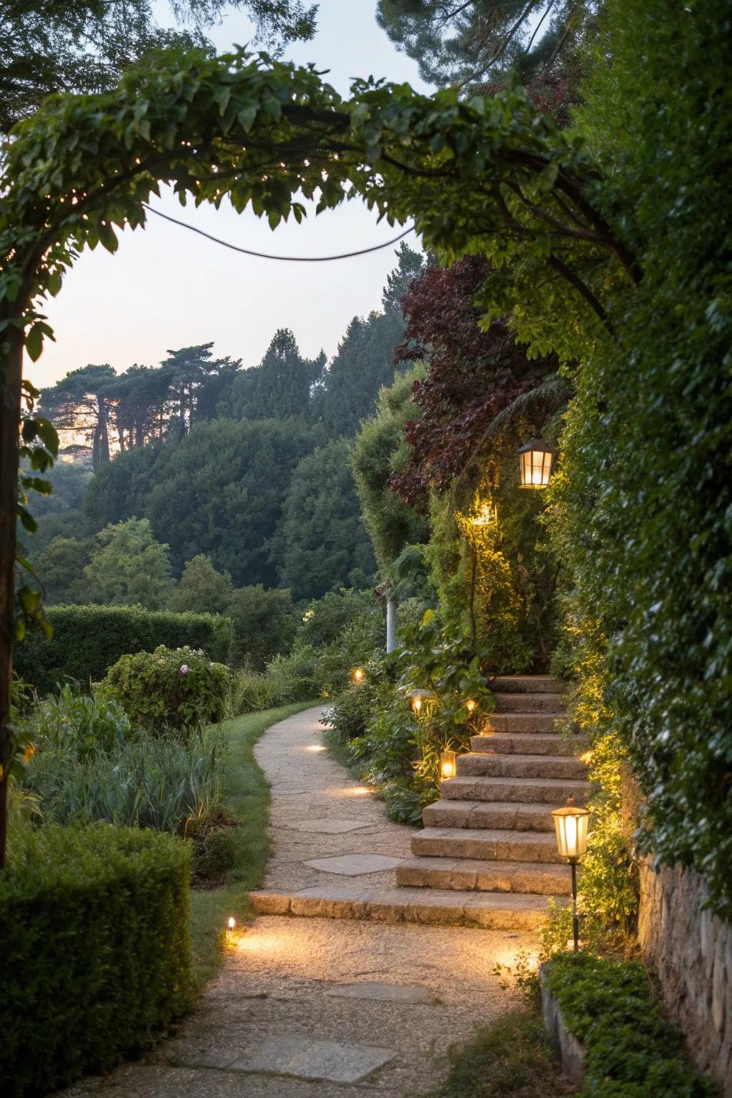 Garden path seamlessly integrated with stair lighting, creating a continuous flow of light.