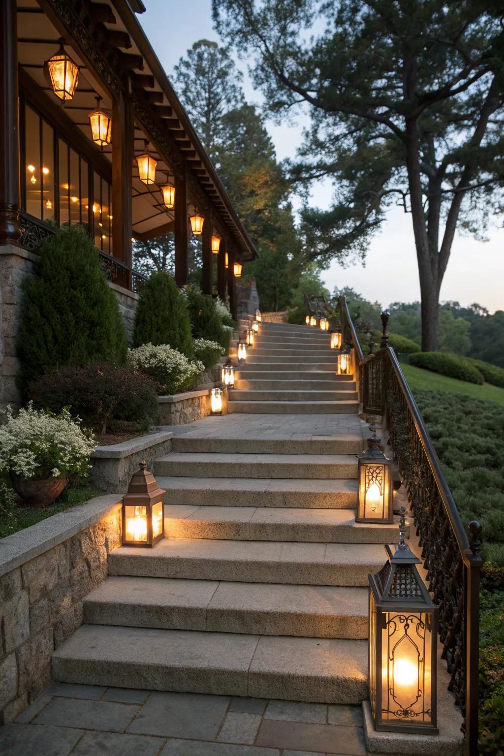 Charming lantern-style fixtures along outdoor stairs, adding rustic elegance.