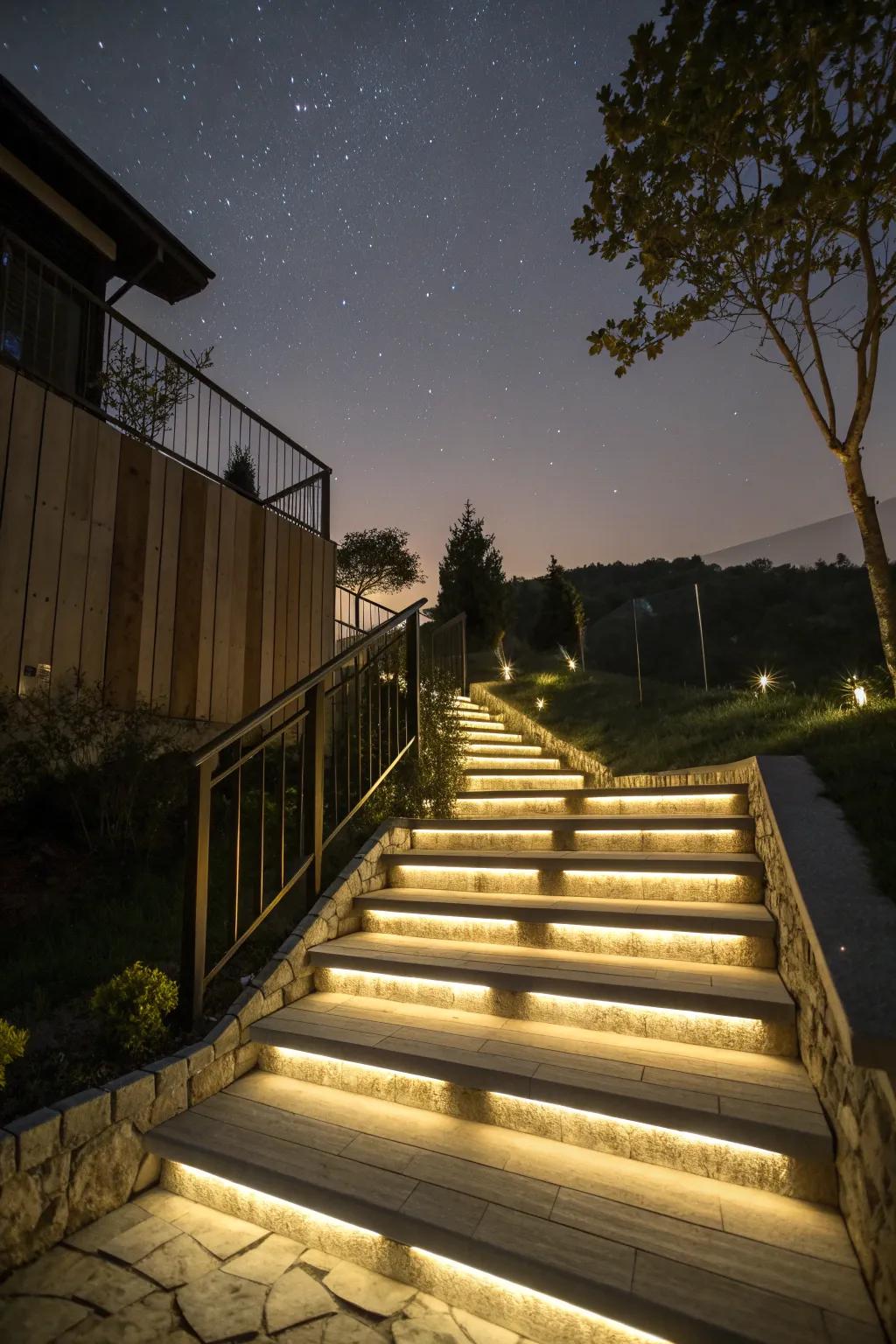 Modern outdoor stairs with LED strip lighting, offering a contemporary and safe design.