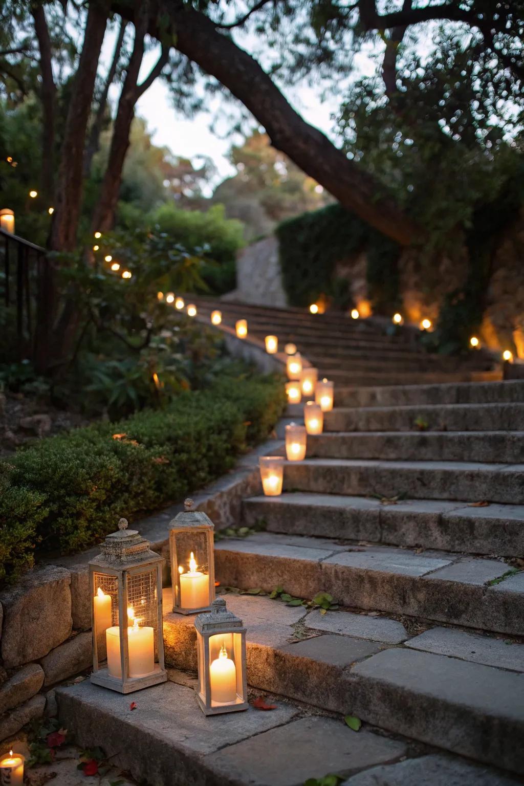 Candle-lit steps, offering a romantic and enchanting glow for special occasions.
