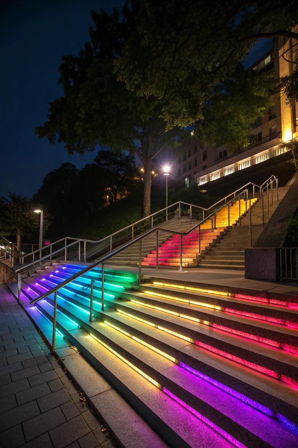 Vibrant color-changing lights on outdoor stairs, setting the mood for any occasion.