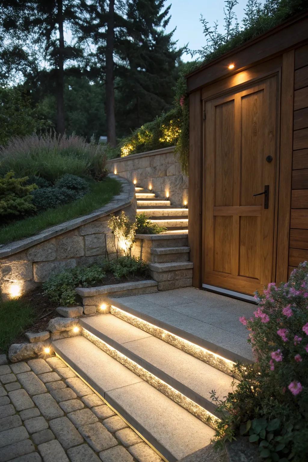 Under-rail lighting on stairs, providing a subtle and refined illumination.