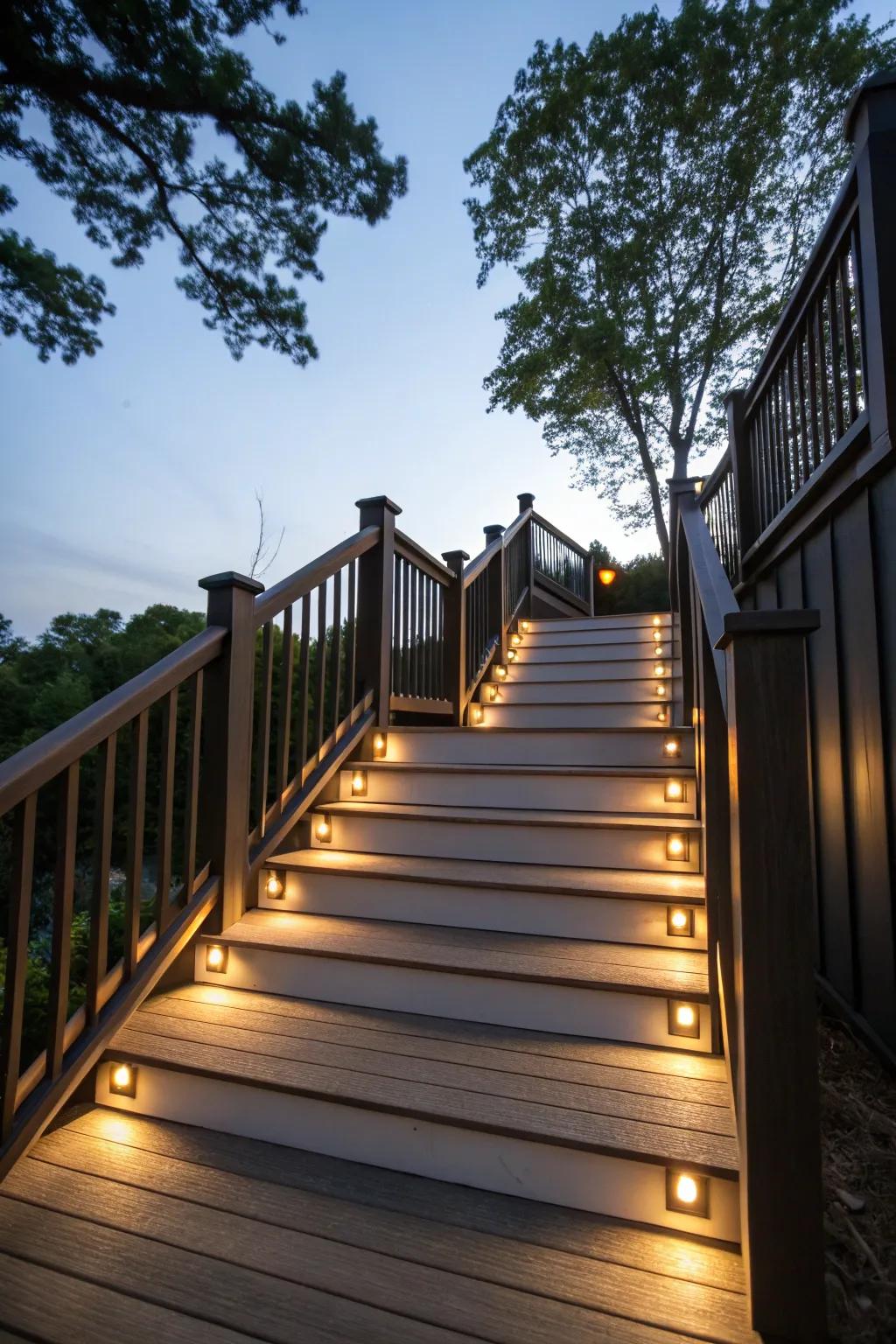 Deck stairs beautifully illuminated to enhance nighttime safety and atmosphere.