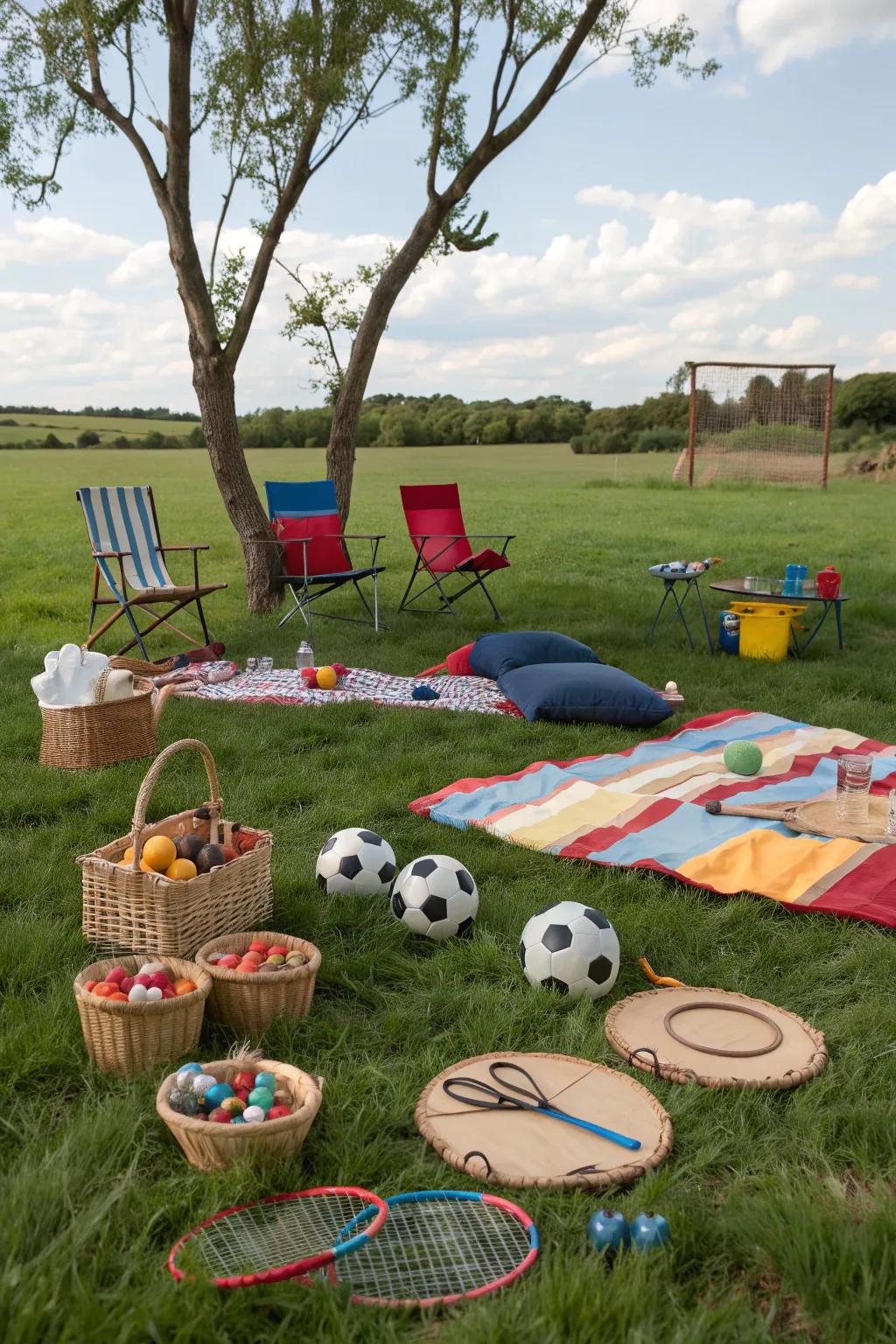 A lively picnic with sports-themed activities and treats.