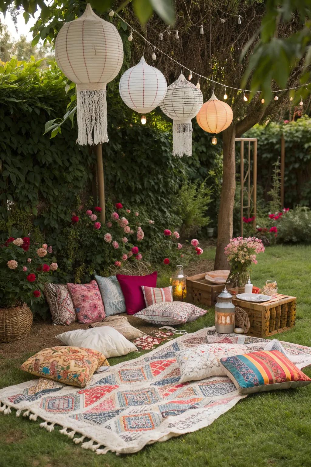 A Boho chic picnic setup with colorful patterns and cozy seating.
