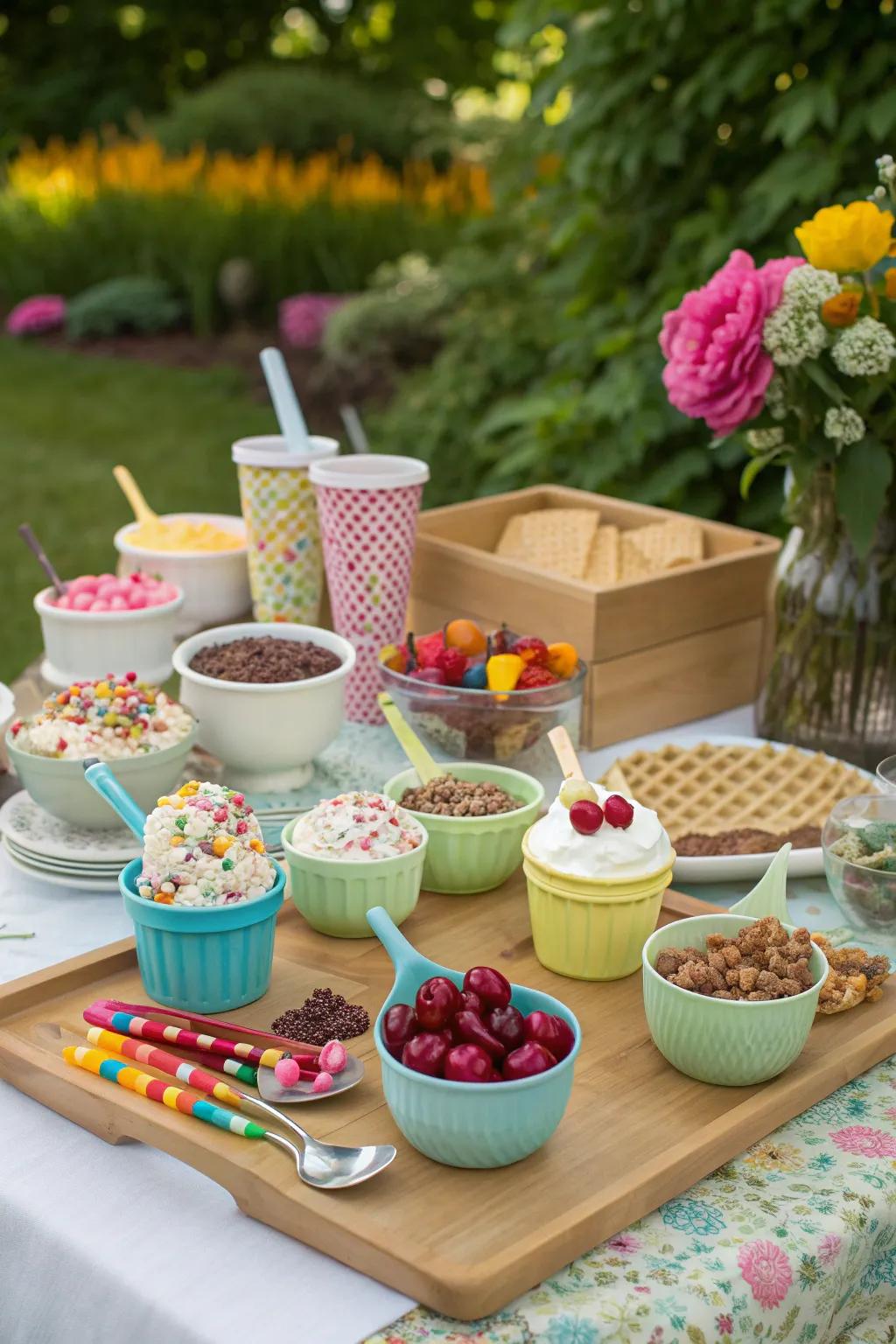 A fun and sweet ice cream social picnic setup.