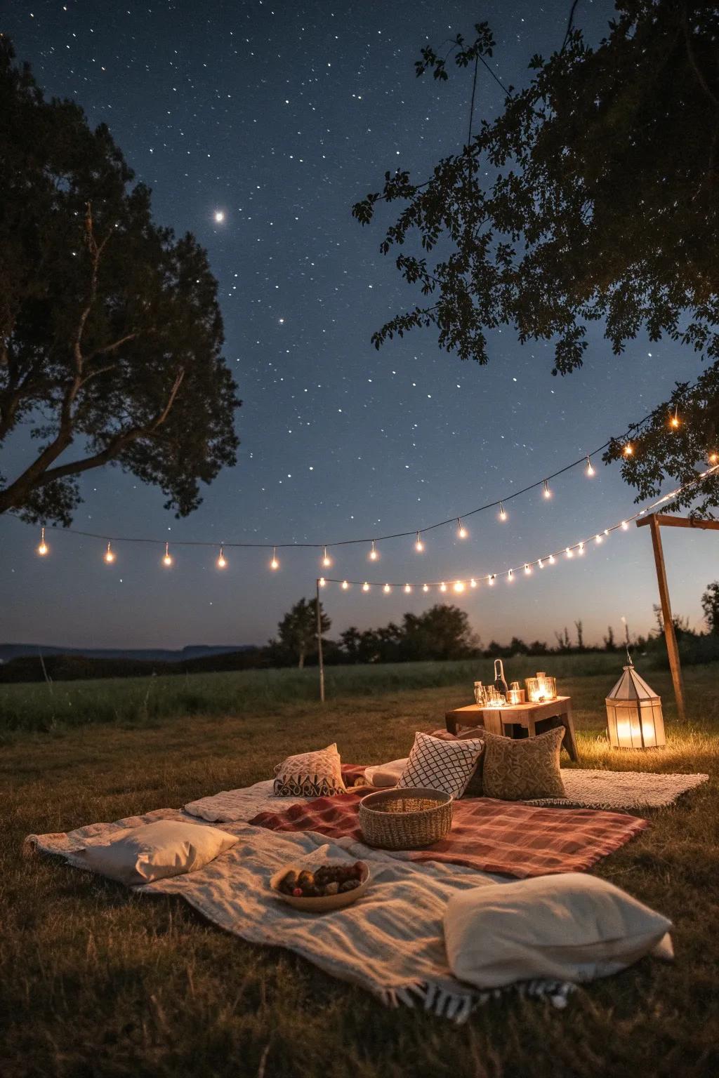 A cozy picnic under a starry night sky.