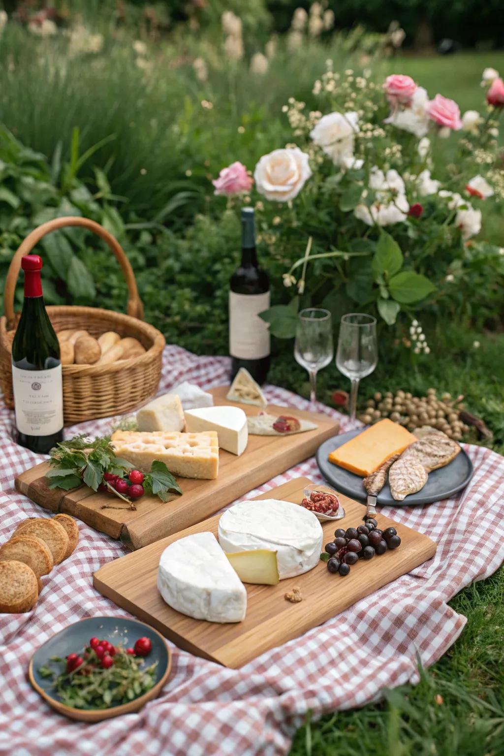 A gourmet picnic with elegantly presented artisanal foods.