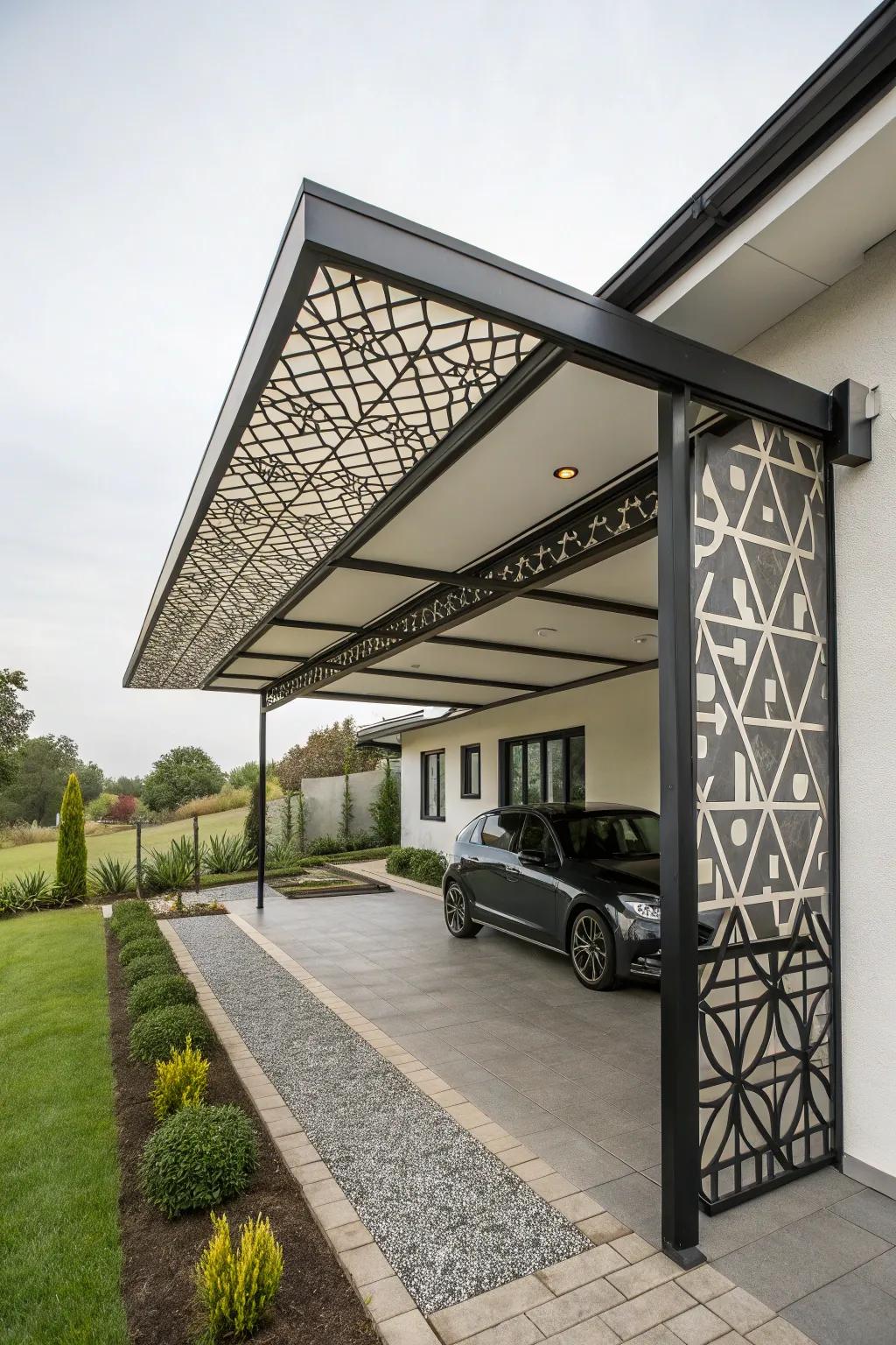 Geometric patterned carport making a bold design statement.