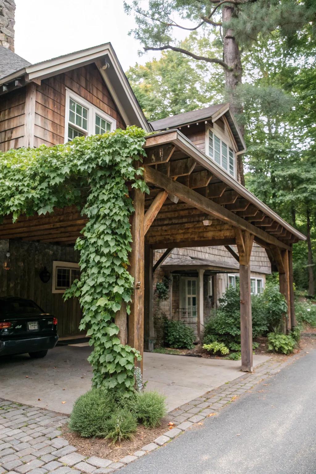 Warm and inviting rustic wood carport for a cozy home.