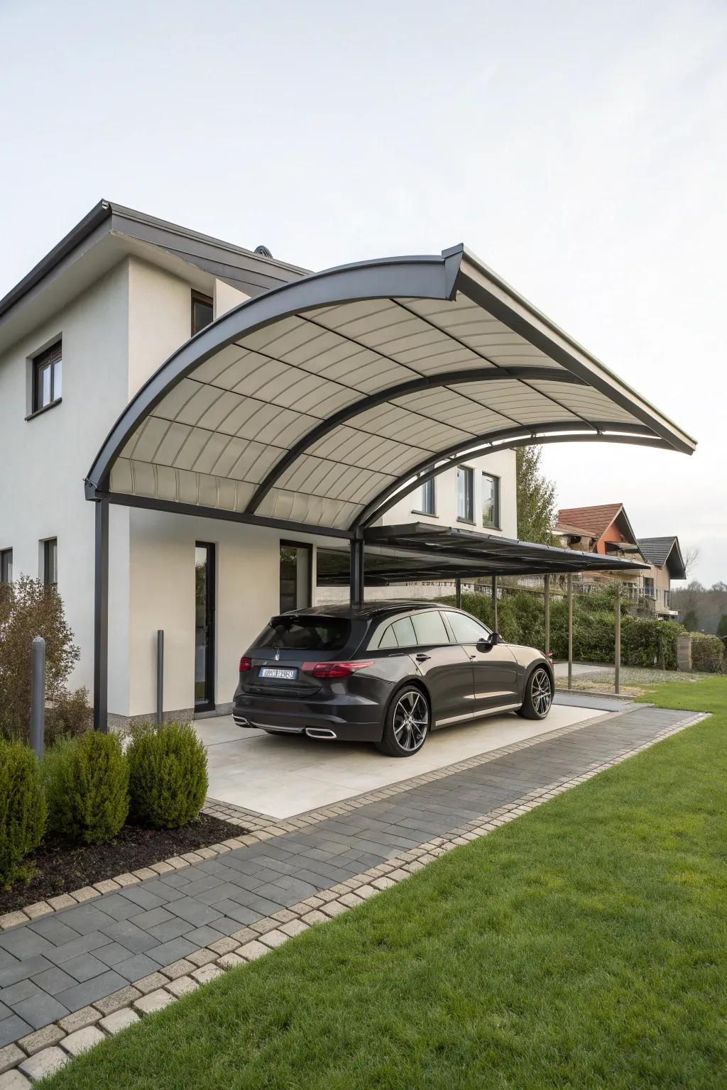 Elegant curved roof carport for a sophisticated architectural touch.