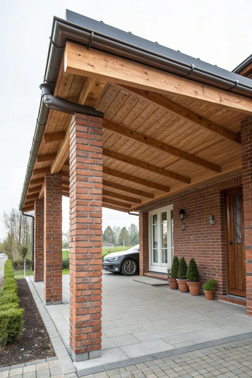 Timeless carport design featuring sturdy brick pillars.