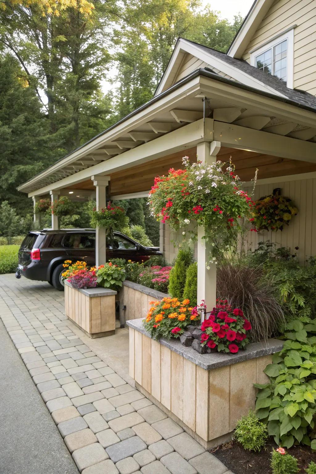 Carport with integrated planters adding greenery and charm.