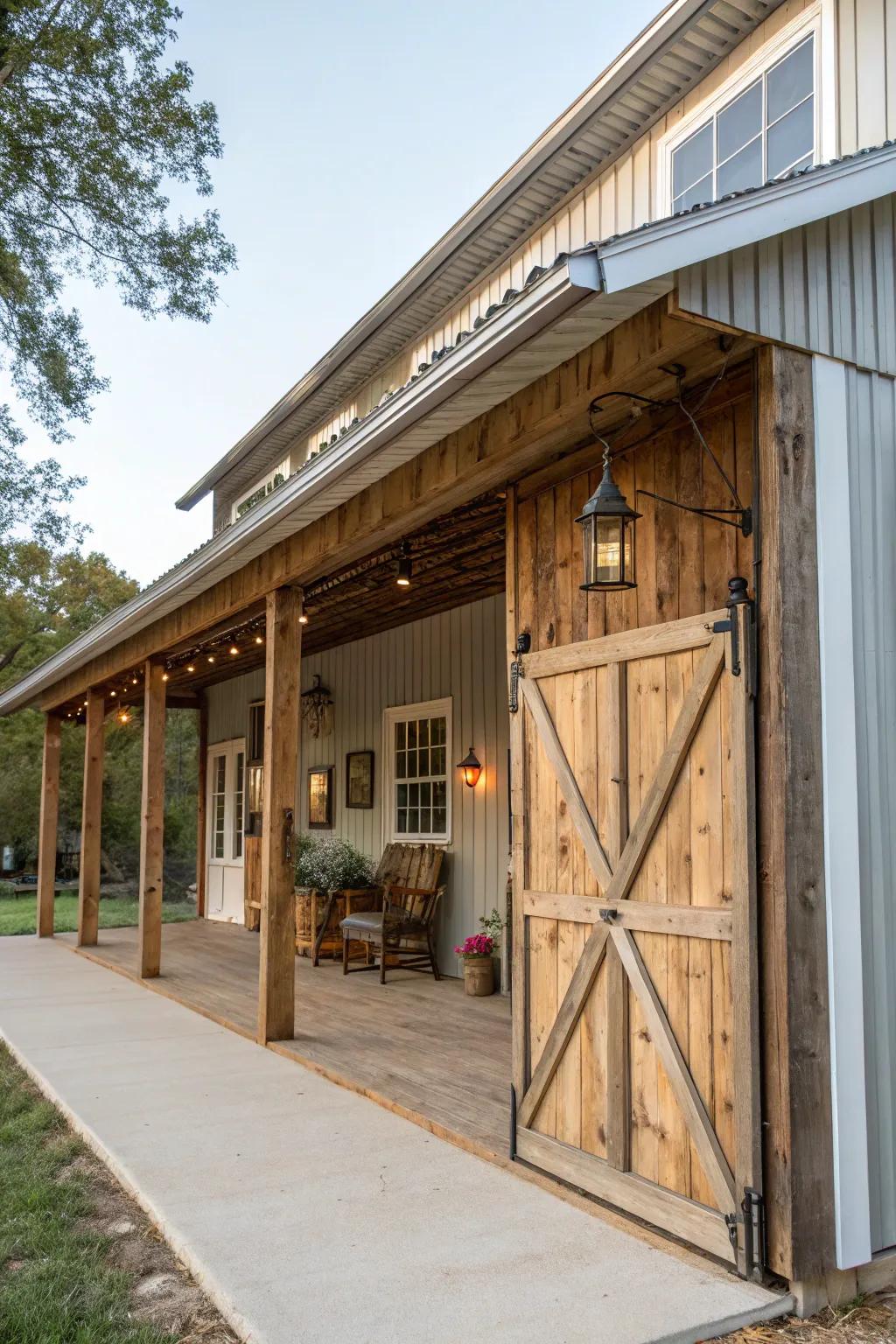 Charming carport featuring vintage barn doors for a rustic appeal.