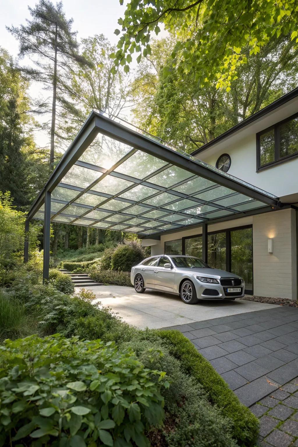A sleek carport with glass panels that brings in abundant natural light.