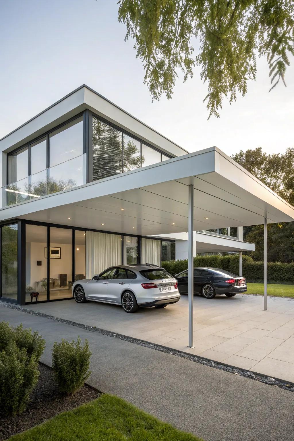 Modern and minimalist flat roof carport for a sleek home design.