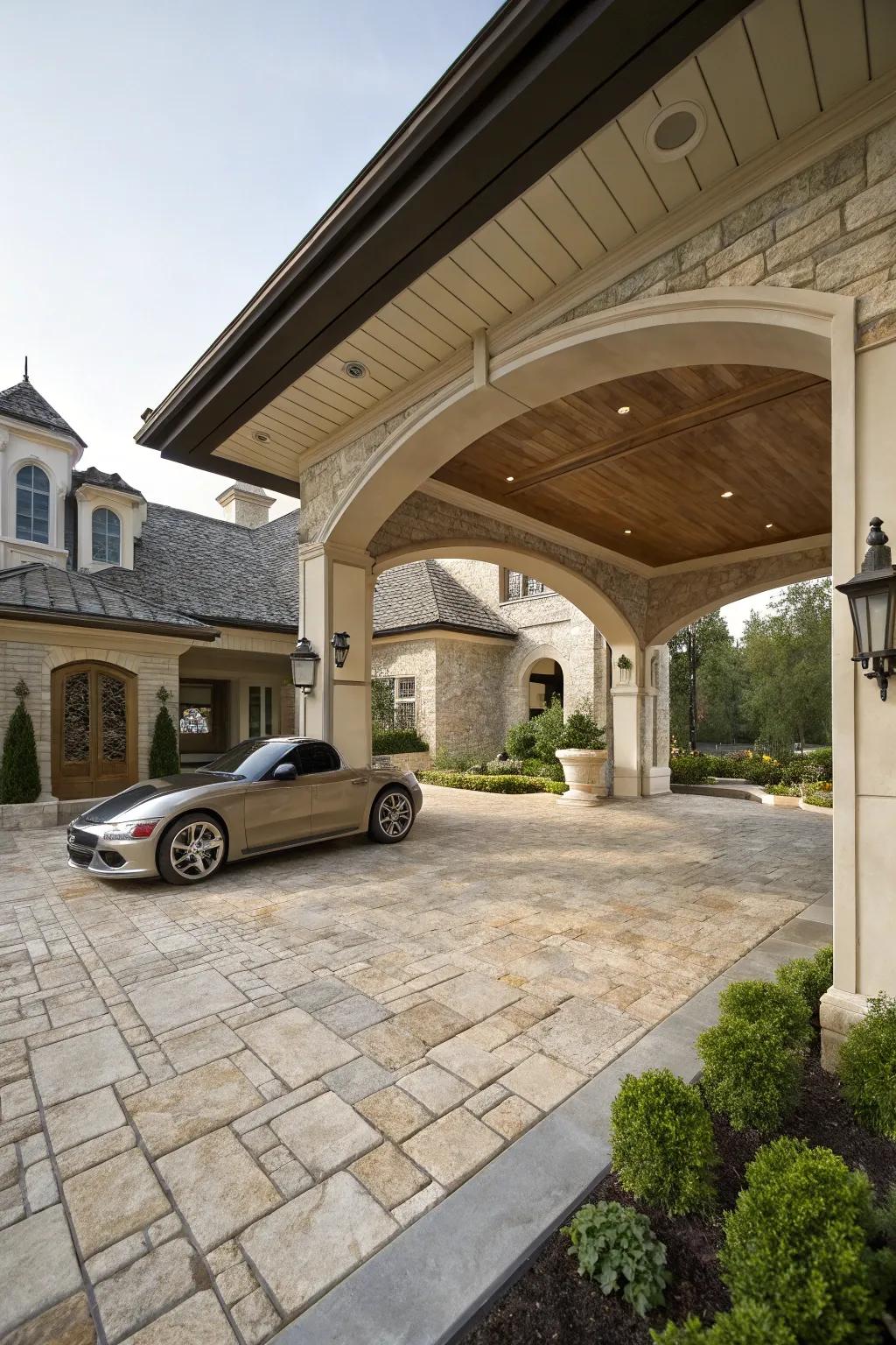 Elegant carport featuring a natural stone floor for a sophisticated look.