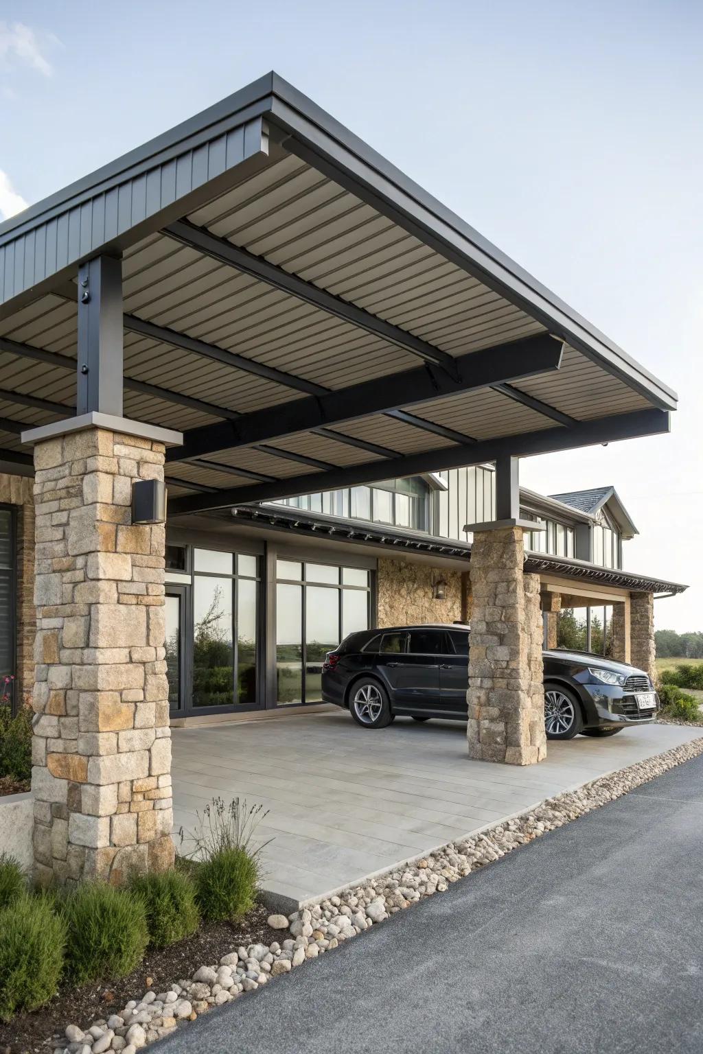 Sturdy and stylish carport combining metal and stone elements.