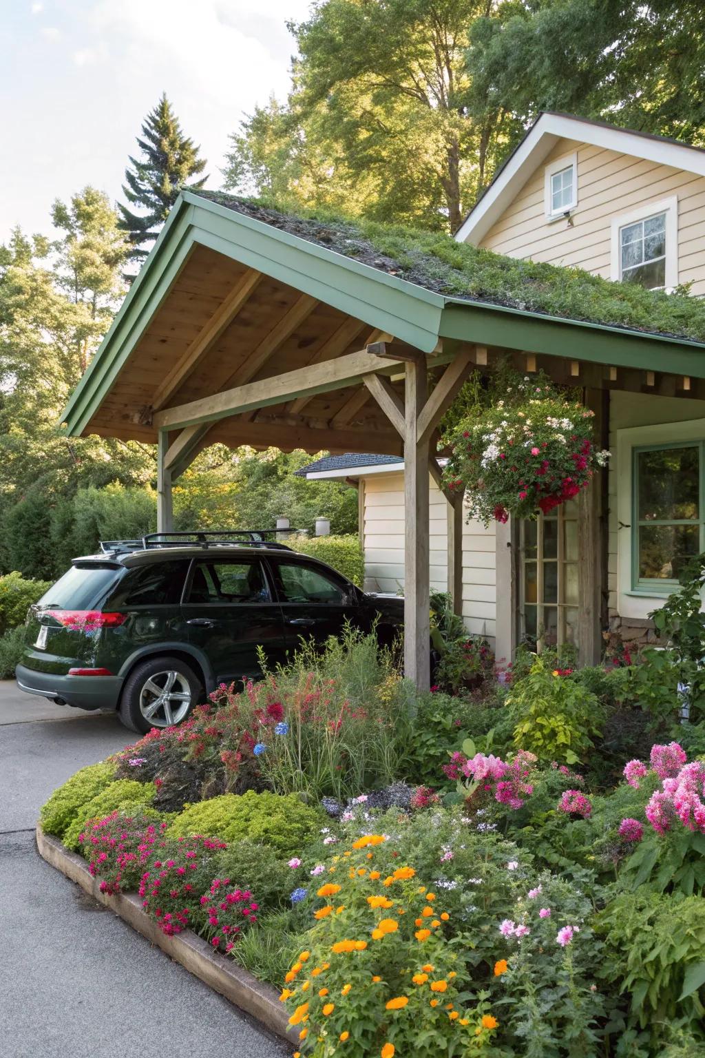 Eco-friendly carport featuring a vibrant green roof.