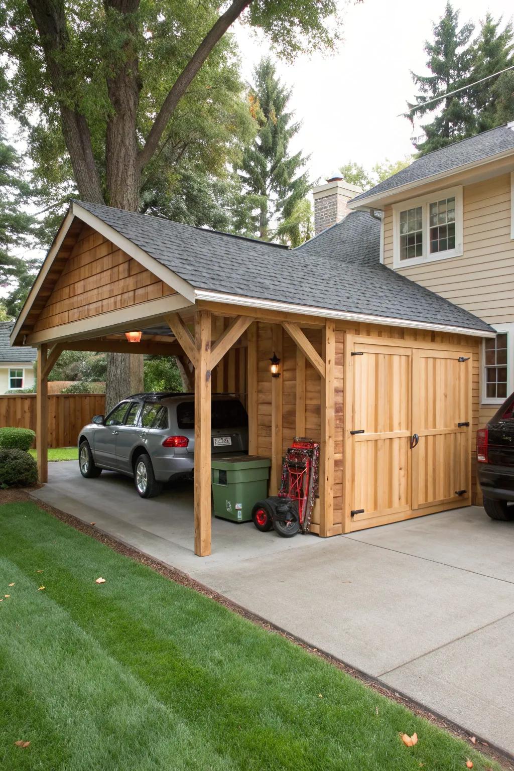 Practical carport with integrated storage for versatile use.