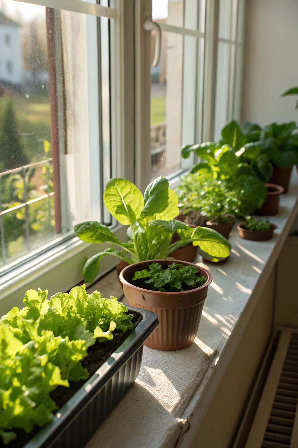 Create a lush window sill with vibrant leafy greens.