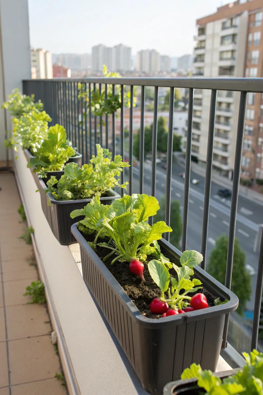 Optimize space with rail planters for compact veggies.