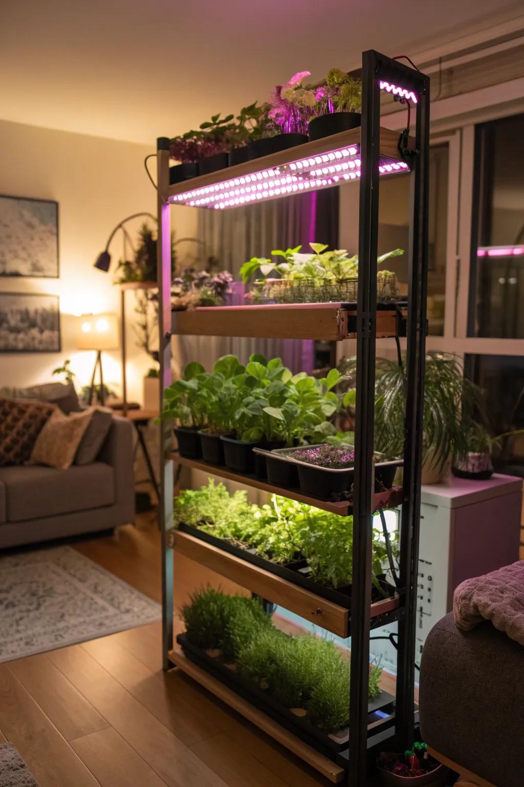 Maximize space with a well-lit shelving unit garden.