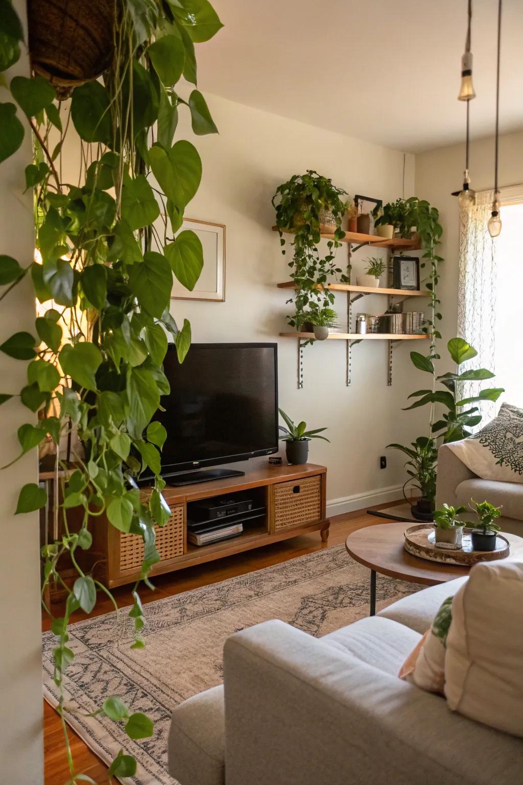 Add warmth to tech spaces with pothos around the TV.