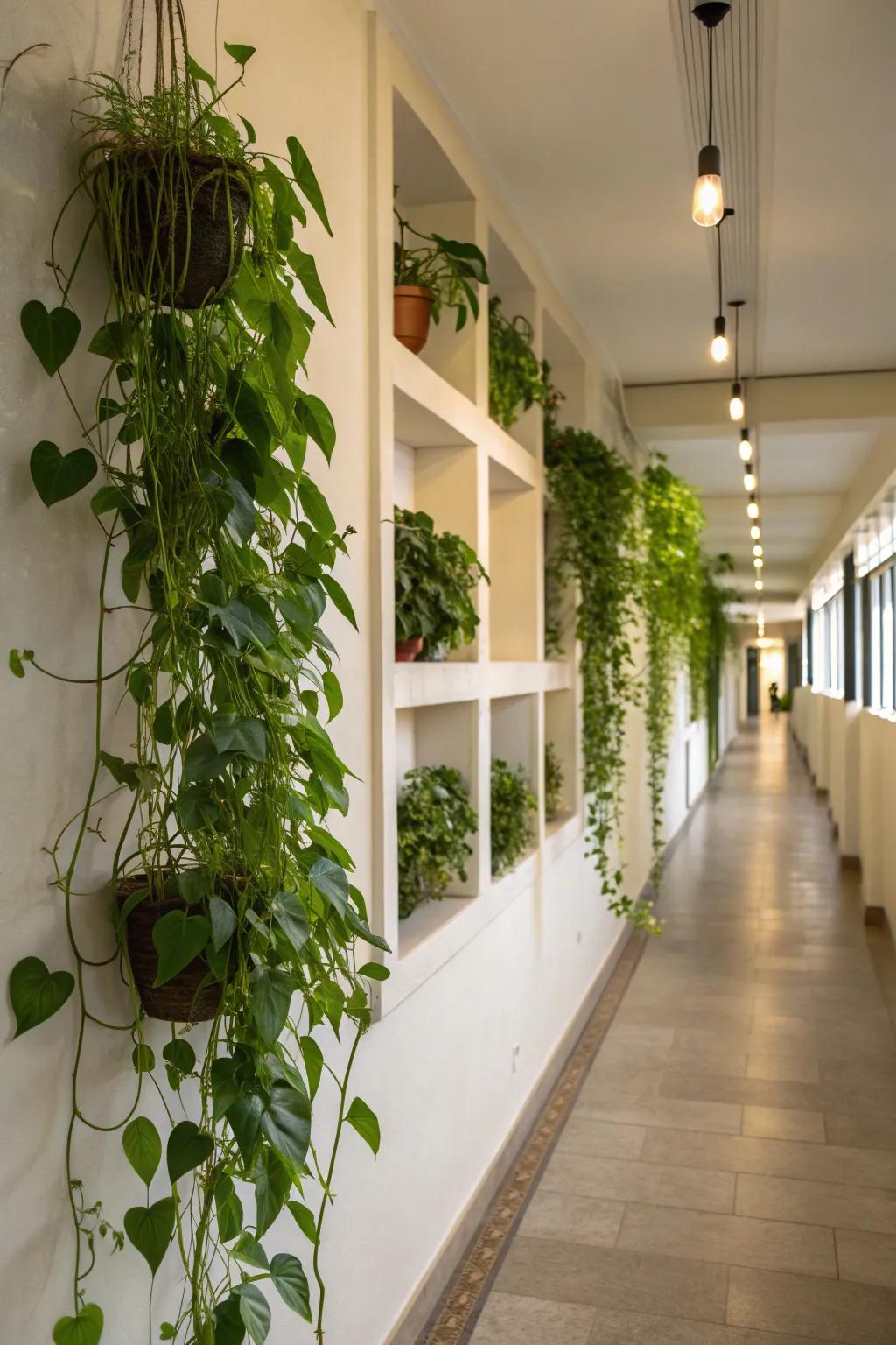 Create delightful moments with pothos in hallway niches.