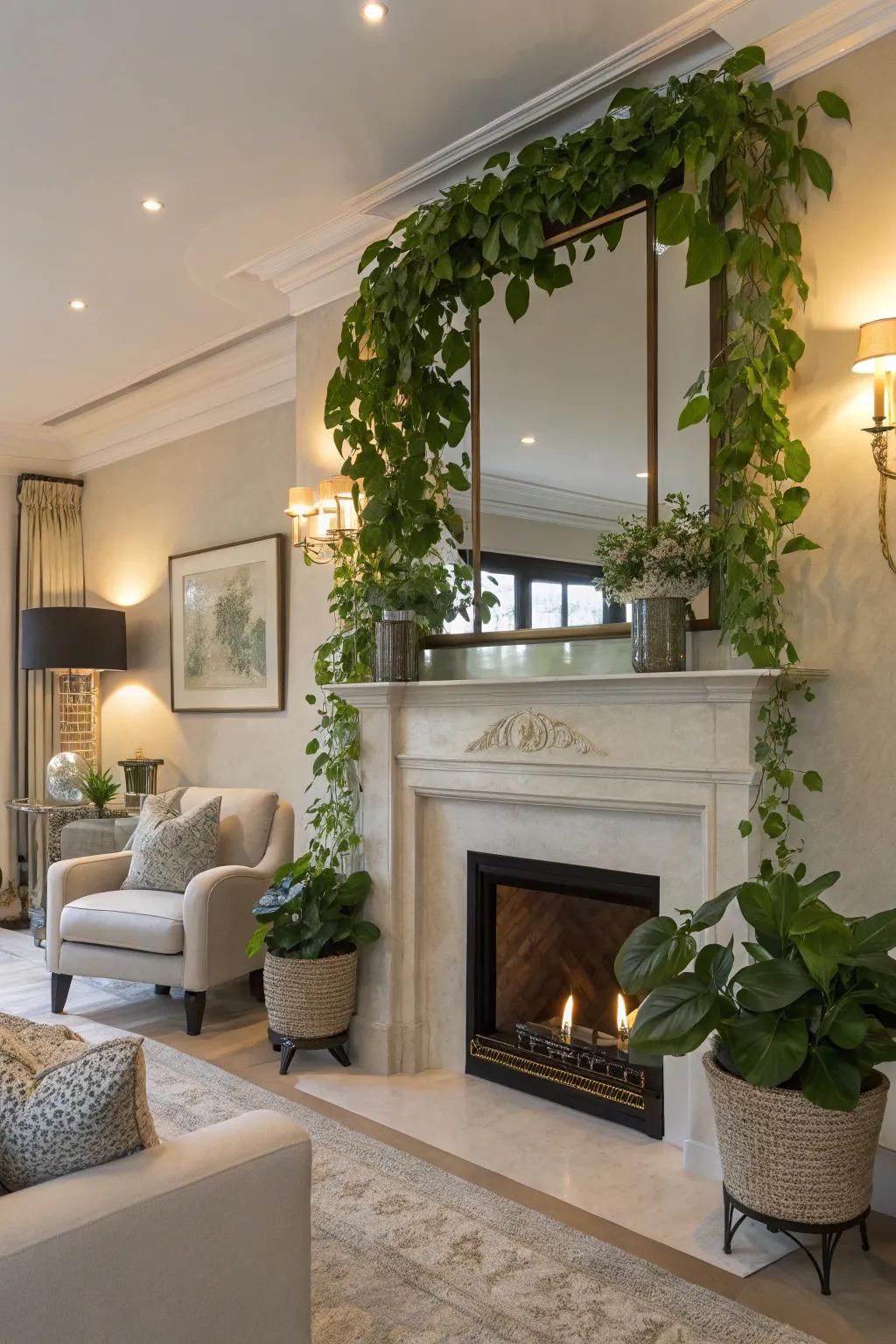 Pothos accents bring freshness to living room decor.