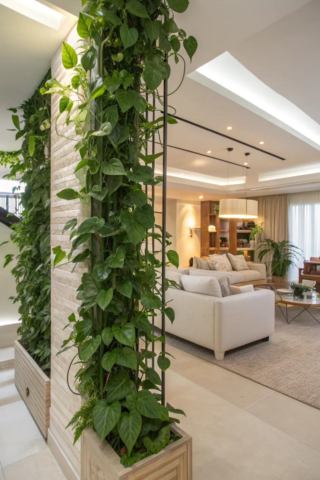 Define spaces with a green room divider made of pothos.