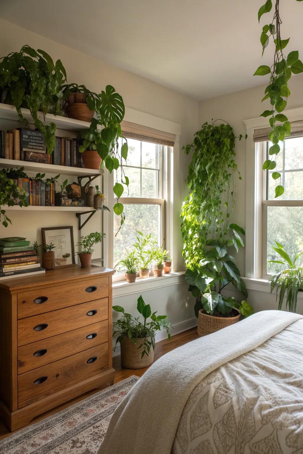 Create a serene retreat with pothos in the bedroom.