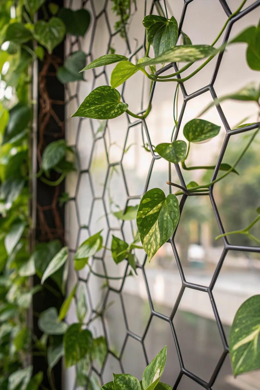 Unique supports allow pothos to climb with artistic flair.