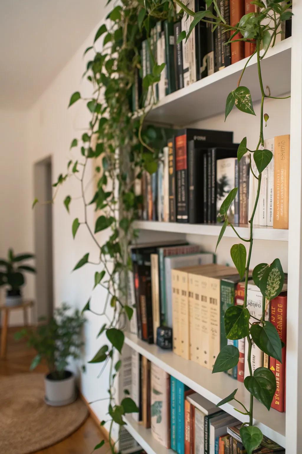 Add a touch of greenery to bookshelves with pothos.
