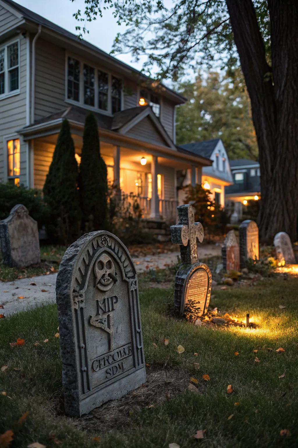 A spooky graveyard setup with realistic tombstones, perfect for a Halloween scare.