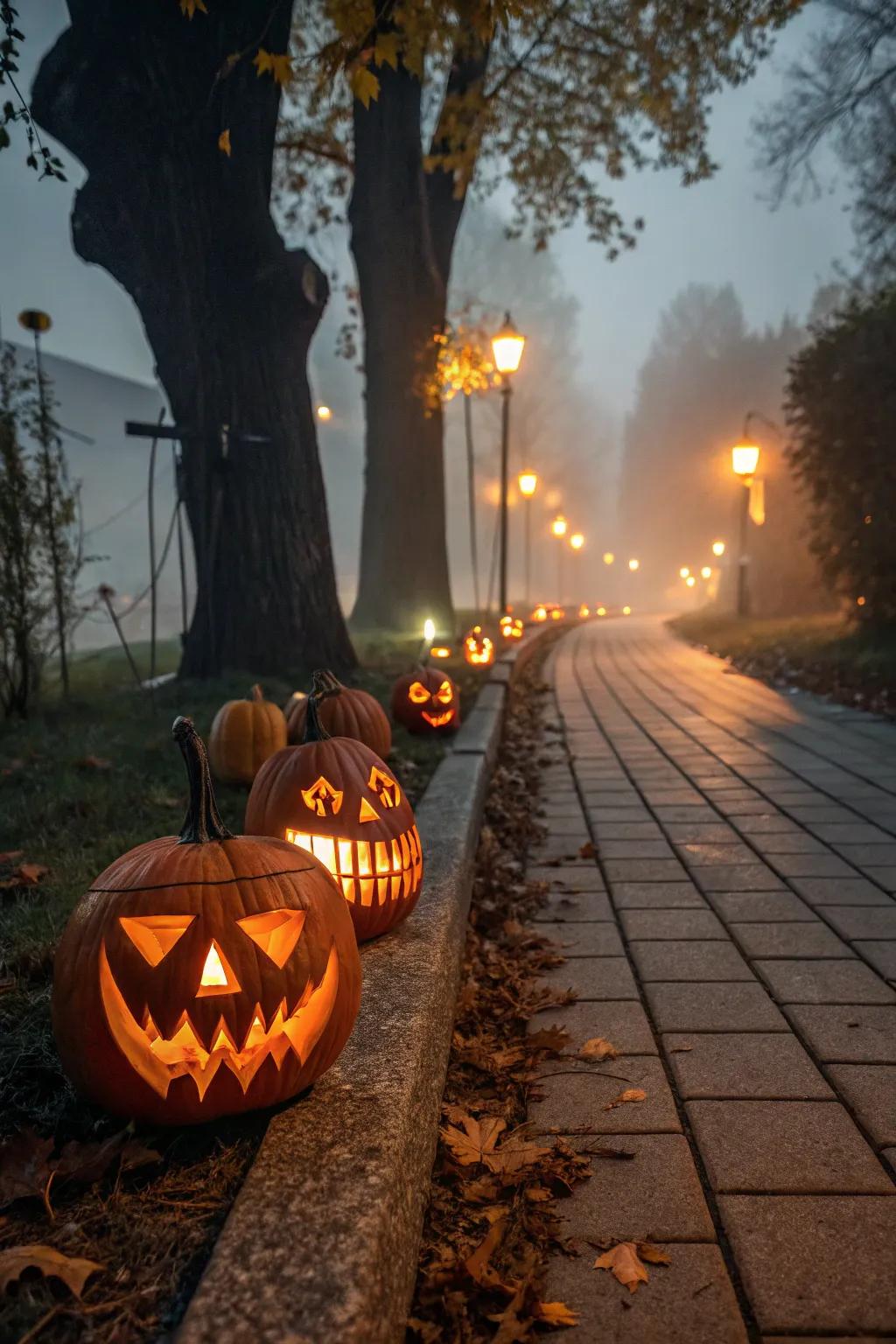 A magical pumpkin pathway, guiding trick-or-treaters with a warm, eerie glow.