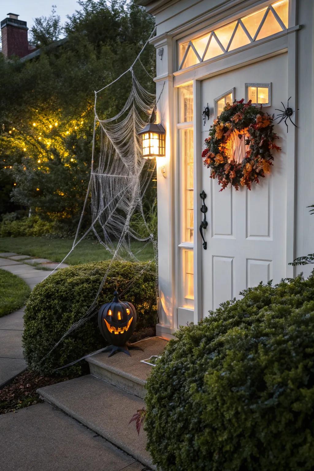 A spooky yet inviting entryway with a Halloween wreath and spider webs.